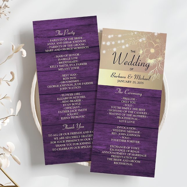 Lila Rustikale Lichterketten Hochzeitsprogramm Programm (Von Creator hochgeladen)