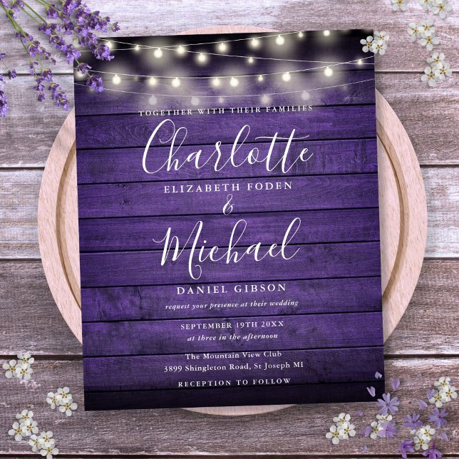Lila Rustikale Lights Hochzeitseinladung (Budget Purple Rustic Lights Wedding Invitation)