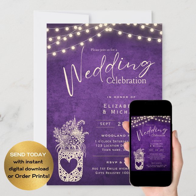 Lila rustikale Mason Jar Wedding DIGITAL und Print Einladung (Von Creator hochgeladen)