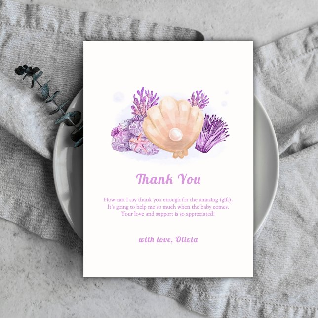 Lila Rustikale Pearl Seashell Baby Dusche Dankeskarte (Purple Rustic Pearl Seashell Baby Shower Thank You Card)