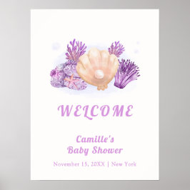 Lila Rustikale Pearl Seashell Baby Dusche Willkomm Poster