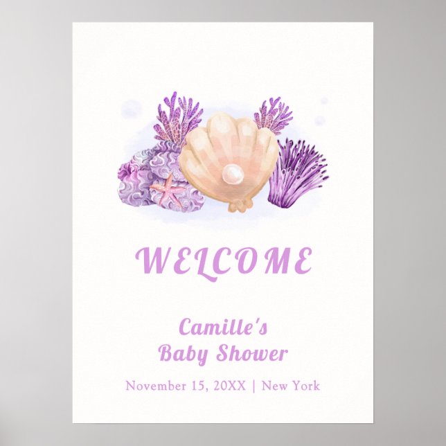 Lila Rustikale Pearl Seashell Baby Dusche Willkomm Poster (Vorne)