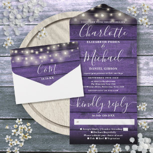 Lila Rustikale Scheunenholz-Lichterkette Hochzeit All In One Einladung