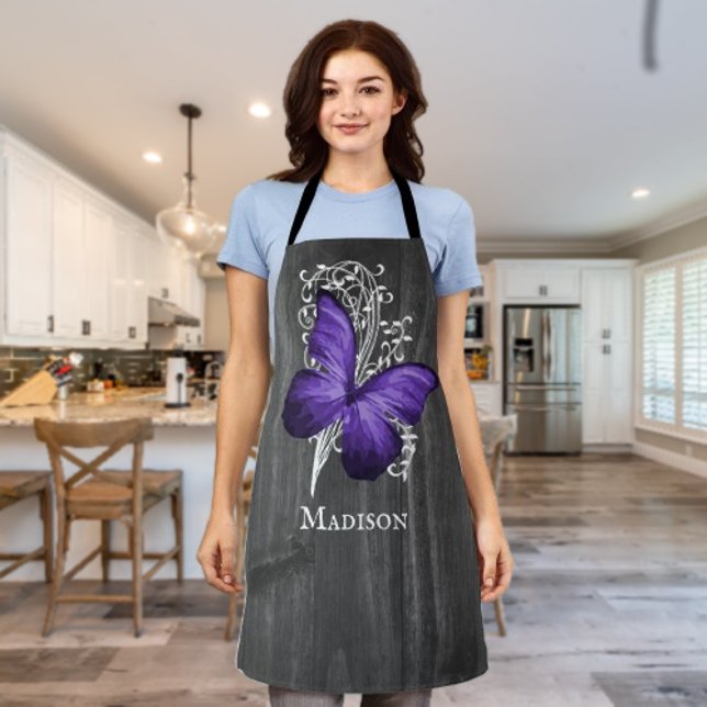 Lila Rustikale Schmetterlingsblume Personalisierte Schürze (Purple Rustic Butterfly Personalized Apron)
