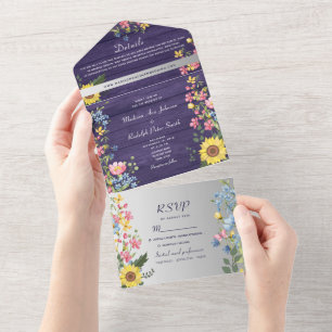 Lila-rustikale Sonnenblumen-Hochzeit All In One Einladung