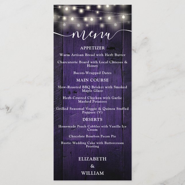 Lila rustikale Strandlichter mit Holzverheiratung Menükarte (Vorderseite)