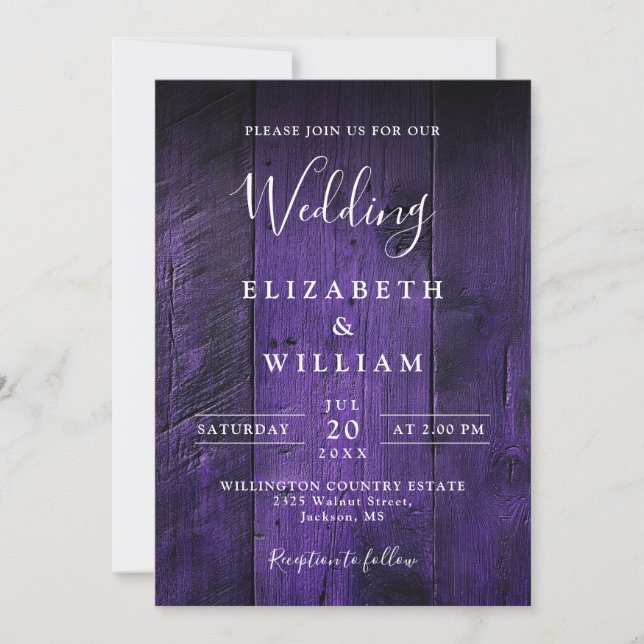 Lila Rustikaler Boho Barn Wood Wedding QR Code Einladung (Vorderseite)