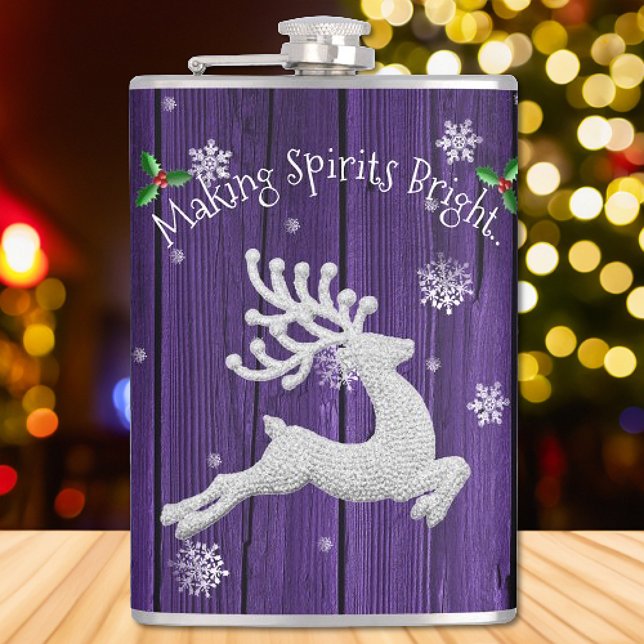 Lila Rustikaler Weihnachtsfass Flachmann (Purple Rustic Christmas Reindeer Flask)