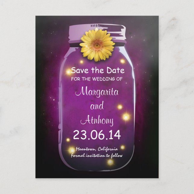 Lila Rustikaler Whimsical Mason Jar Save the Date Ankündigungspostkarte (Vorderseite)
