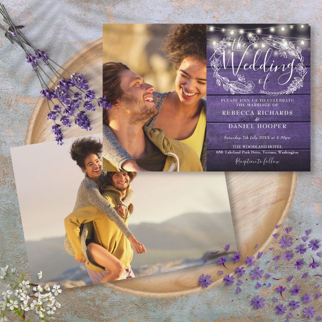 Lila rustikales Holz 2 Foto String Lights Wedding Einladung (Purple Rustic Wood 2 Photo String Lights Wedding Invitation)