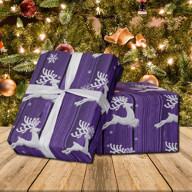 Lila Rustikales Weihnachtswackelpapier Geschenkpapier (Purple Rustic Christmas Reindeer Wrapping Paper)