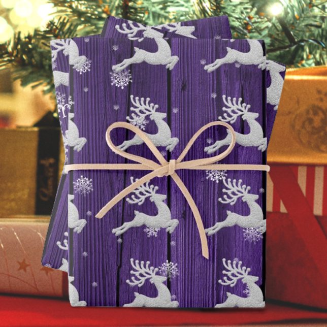 Lila Rustikales Weihnachtswackelpapier Geschenkpapier Set (Purple Rustic Christmas Reindeer Wrapping Paper)