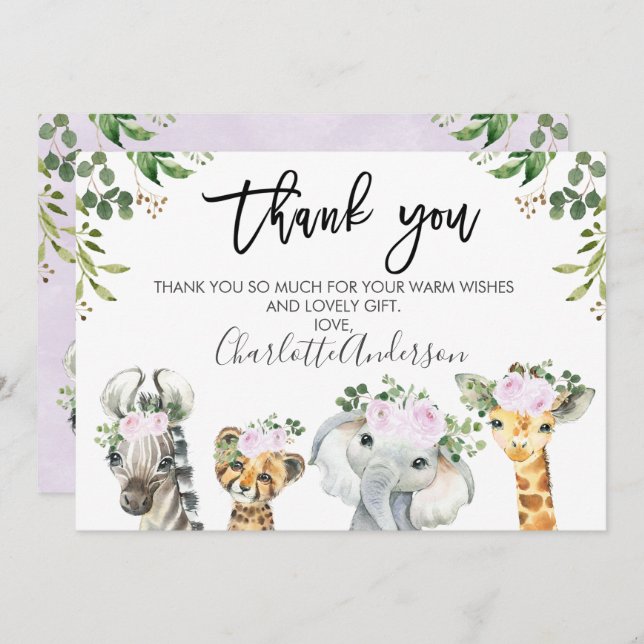 Lila Safari Animals Kinderdusche Danke Karte (Vorne/Hinten)