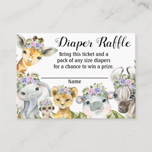 Lila Safari Baby Dusche Windeln Raffle Ticket (Vorderseite)