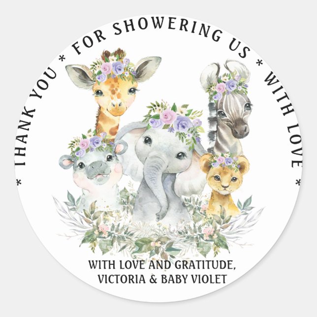 Lila Safari Baby Shower Classic Round Sticker (Vorderseite)