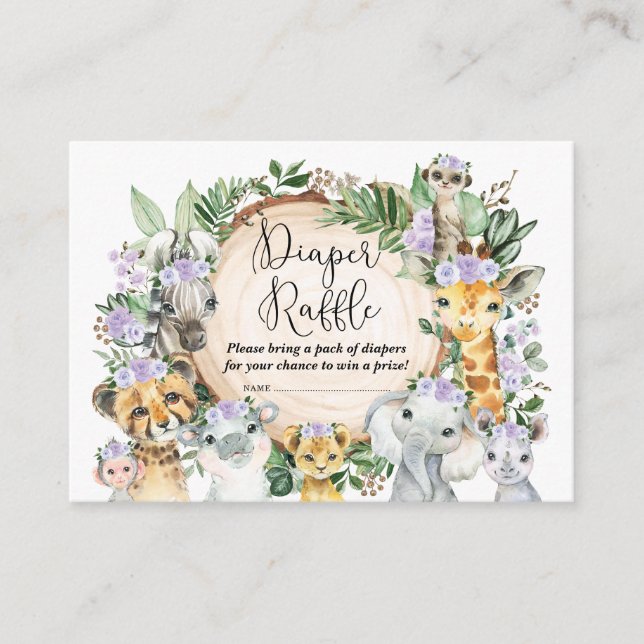 Lila Safari-Tiere Baby-Windeln Raffle Begleitkarte (Vorderseite)