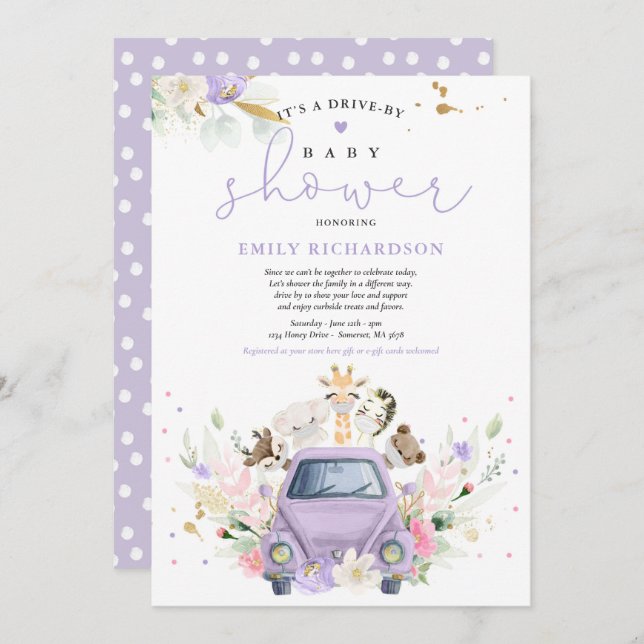 Lila Safari-Tiere mit Babydusche Einladung (Vorne/Hinten)