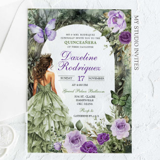 Lila Sage Green Whimsiswald Quinceanera Acryleinladungen