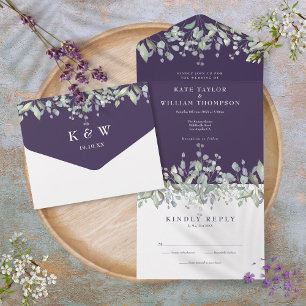 Lila Salbei und Flieder Florales Monogramm Hochzei All In One Einladung