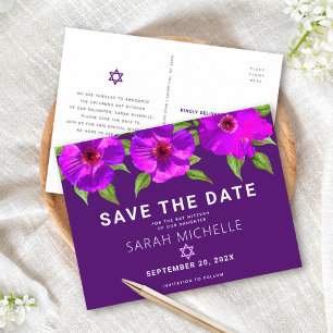 Lila Save the Date Bat Mitzvah Floral Watercolor Einladungspostkarte