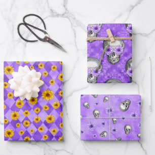 Lila Schädel und Sonnenblumen, Design 2 Geschenkpapier Set