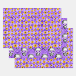Lila Schädel und Sonnenblumen, Design 2 Geschenkpapier Set