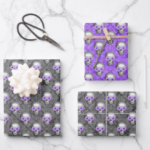 Lila Schädel und Sonnenblumen, Design 3 Geschenkpapier Set