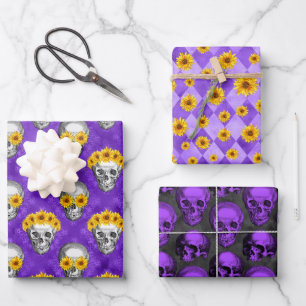 Lila Schädel und Sonnenblumen-Serien-Design 10 Geschenkpapier Set