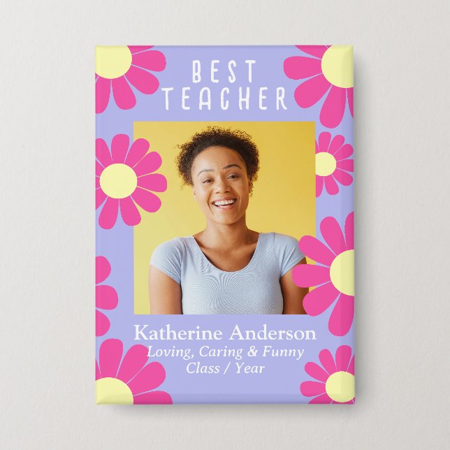 Lila Schaltfläche für Daisy Best Teacher Foto Button (Vorderseite)