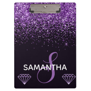 Lila Schimmer Glitter & Diamanten Monogramm Klemmbrett