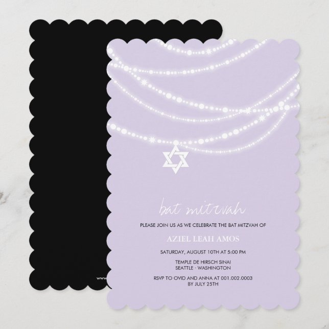 Lila Schläger Mitzvah Glitzern-Davidsstern Laden Einladung (Vorne/Hinten)