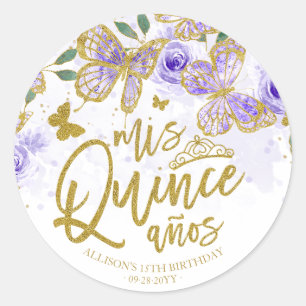 Lila-Schmetterling-Blumen-Quinceanera-Geschenk Runder Aufkleber
