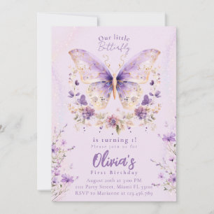 Lila Schmetterling macht einen 1. Geburtstag Einladung