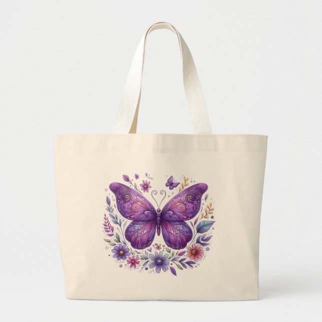 Lila Schmetterling mit Blume Jumbo Stoffbeutel (Vorne)