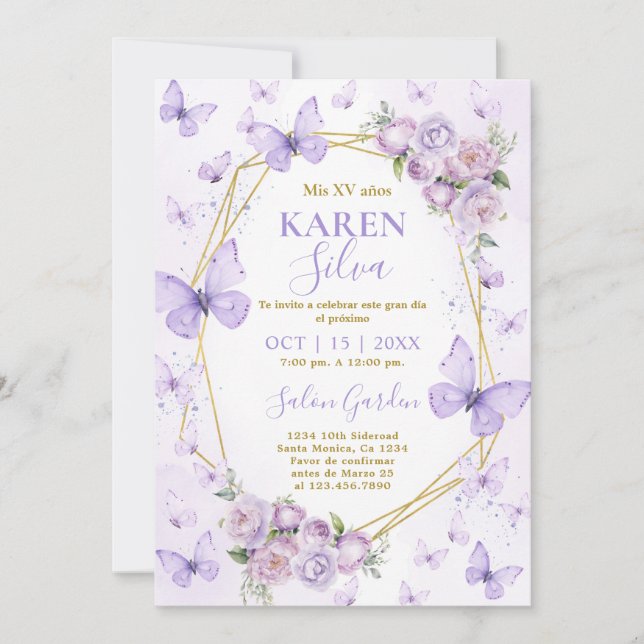 Lila Schmetterling Quinceanera Einladung (Vorderseite)