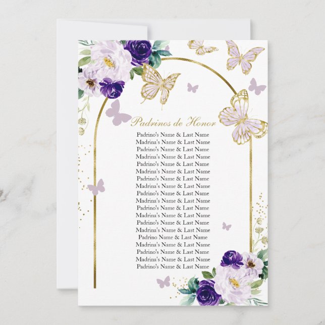 Lila Schmetterling Quinceanera Padrinos de Ehre Einladung (Vorderseite)