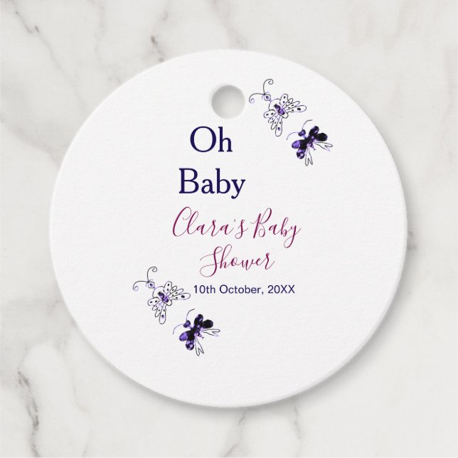 Lila Schmetterling Rosa Babydusche - Baby modern Geschenkanhänger (Vorderseite)