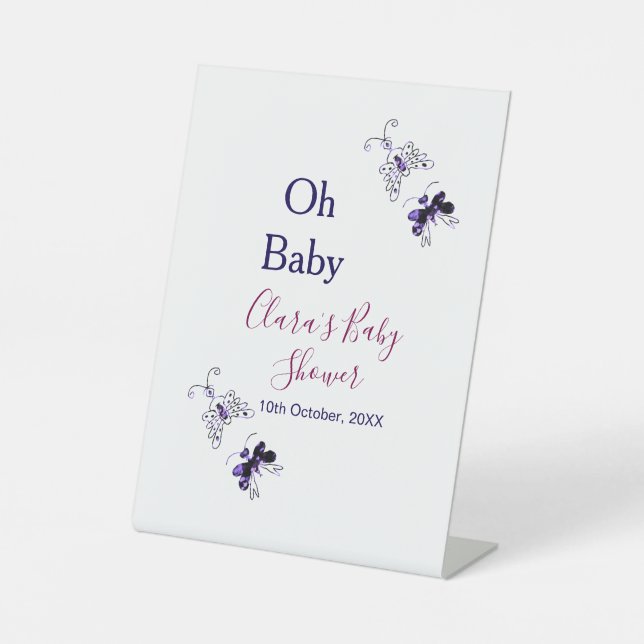 Lila Schmetterling Rosa Babydusche - Baby modern Sockelschild (Vorderseite)