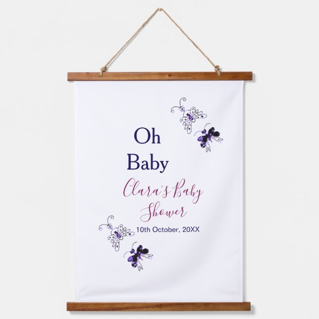 Lila Schmetterling Rosa Babydusche - Baby modern Wandteppich Mit Holzrahmen (Vorderseite)