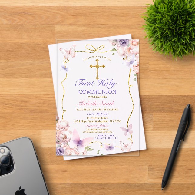 Lila Schmetterling Rosa Bläserblume Erste Heilige  Acryleinladungen (Insitu (Einladungskarte))