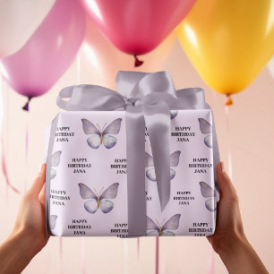Lila Schmetterling und glücklicher Geburtstag Geschenkpapier