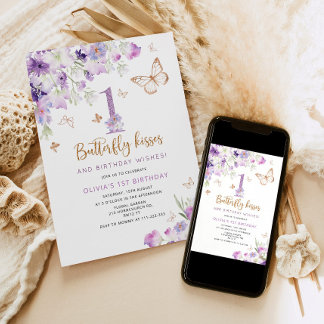 Lila Schmetterling zum ersten Geburtstag Einladung