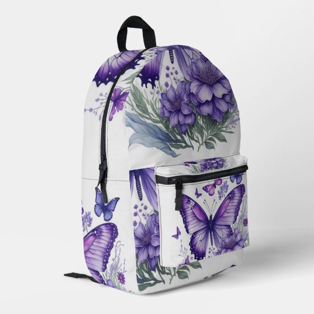 Lila Schmetterlinge auf der Blume Bedruckter Rucksack (Rückseitige Ecke links)