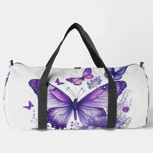 Lila Schmetterlinge auf der Blume Duffle Bag (Vorderseite)