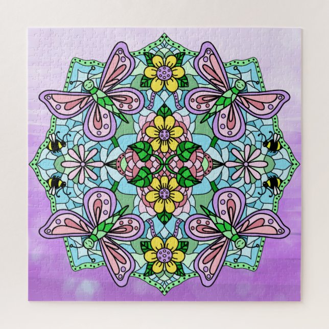 Lila Schmetterlinge Blume und Bienen Mandala Puzzle (Vertikal)