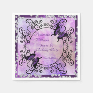 Lila Schmetterlinge & Diamanten Sweet 16 Serviette