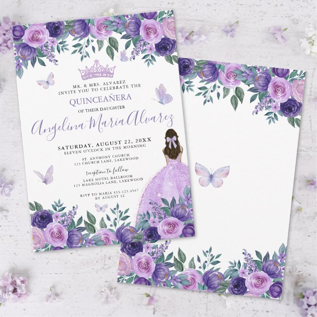 Lila Schmetterlinge Einladung (Purple Butterflies Floral Quinceañera Invitation)