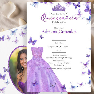 Lila Schmetterlinge Kleid Foto 15 XV Quinceanera Einladung