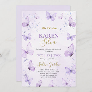 Lila Schmetterlinge Quinceañera Einladung