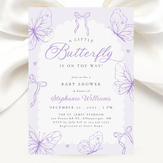 Lila Schmetterlinge & Schleifen Baby Shower Einladung